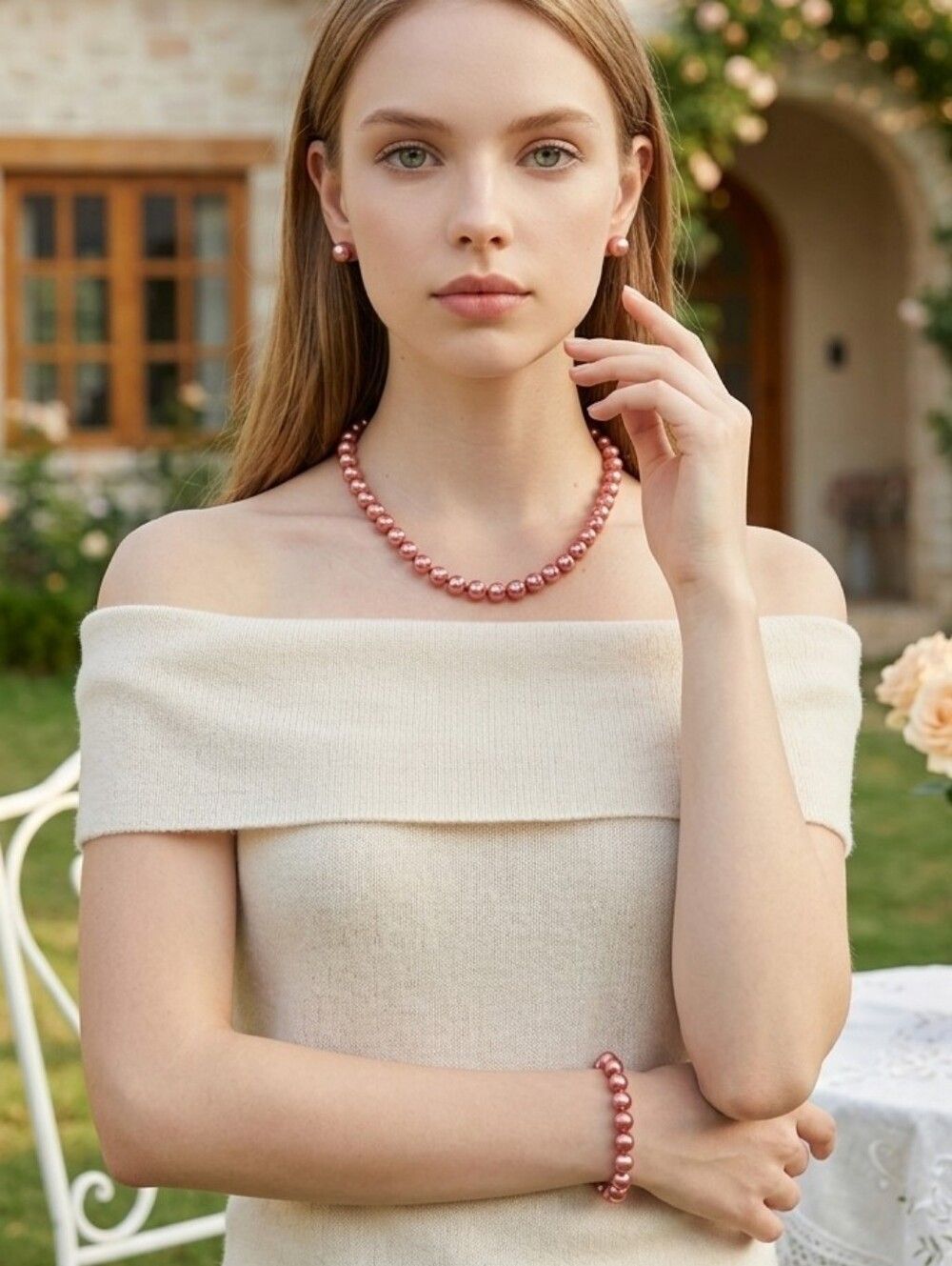 Pink Faux Pearl Jewelry Set – Necklace Bracelet & Stud Earrings Princess Wedding